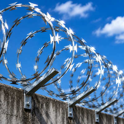 Rasiermesser-Stacheldraht-Sicherheitszaun im Militärstil. Rostige Rasiermesser-Stacheldrahtspule auf altem Sicherheitszaun